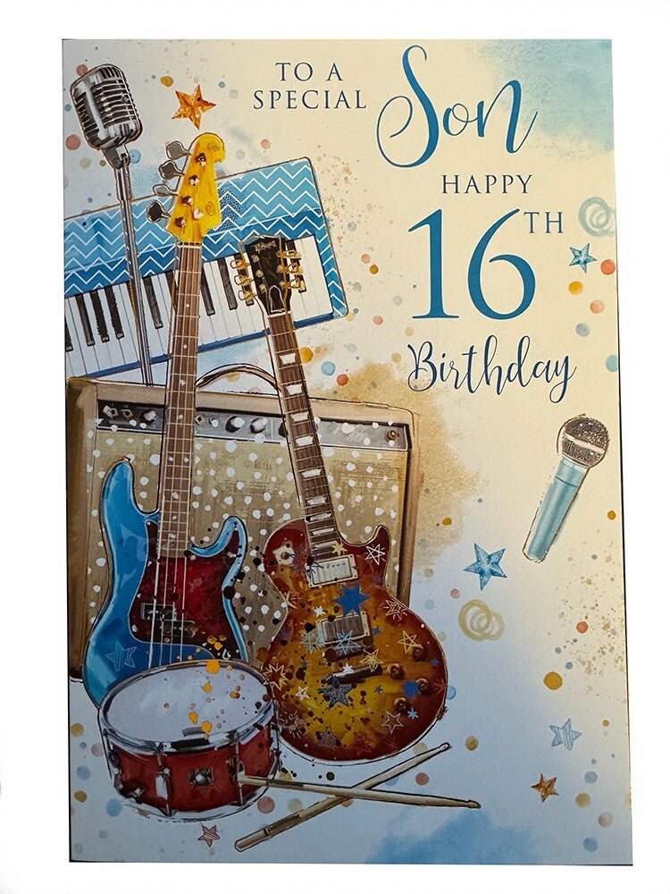 Son 16th Birthday Card  Musical Instruments & Colour Splash Design  15x23cm