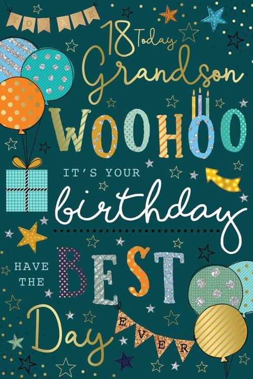 18th Birthday Card Grandson - Balloons Stars & Gifts Design ~ Approx 6"x9"