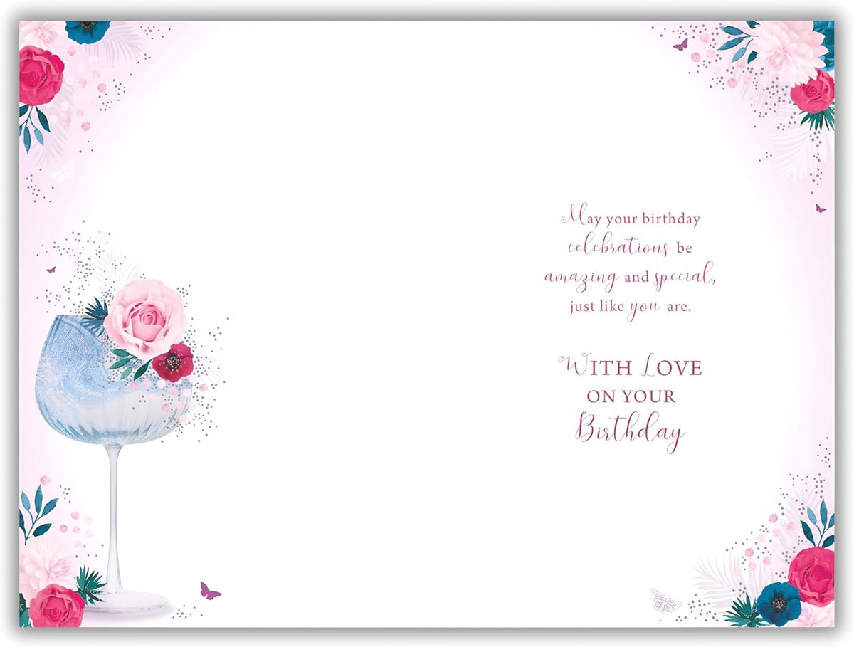 Wife Birthday Card  Floral Cocktail Glass & Butterfly Design  15x23cm