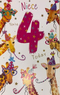 4th Birthday Card for Niece  Giraffe Party Design 15x23cm  Colour Insert