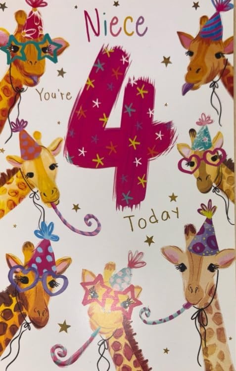 4th Birthday Card for Niece  Giraffe Party Design 15x23cm  Colour Insert