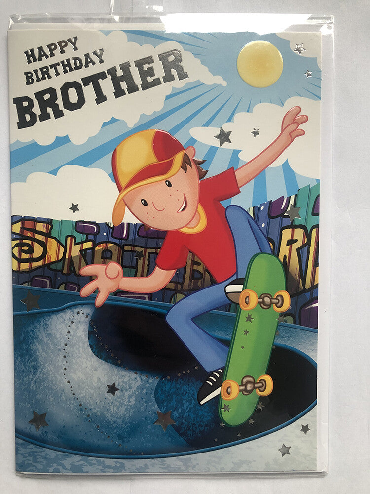 Brother Happy Birthday Card Boy Cap Skateboarding Bowl Park