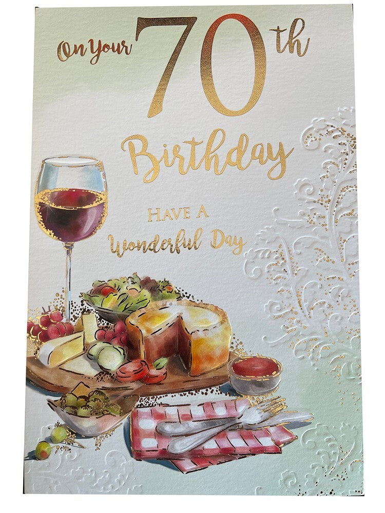 70th Happy Birthday Card 70 Ploughman's Lunch Pork Cheese Wine & Scroll Design