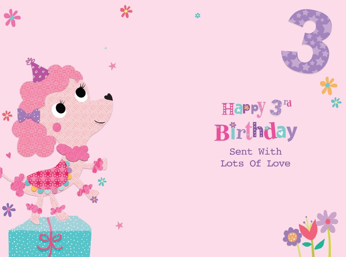 Daughter 3rd Birthday Card Age 3 Dog Cake & Presents Design Happy