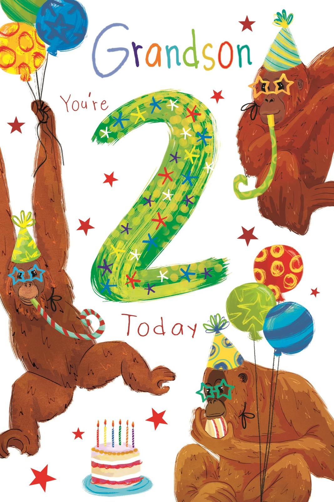 2nd Birthday Card for Grandson  Orangutan Party Design  15x23cm Insert