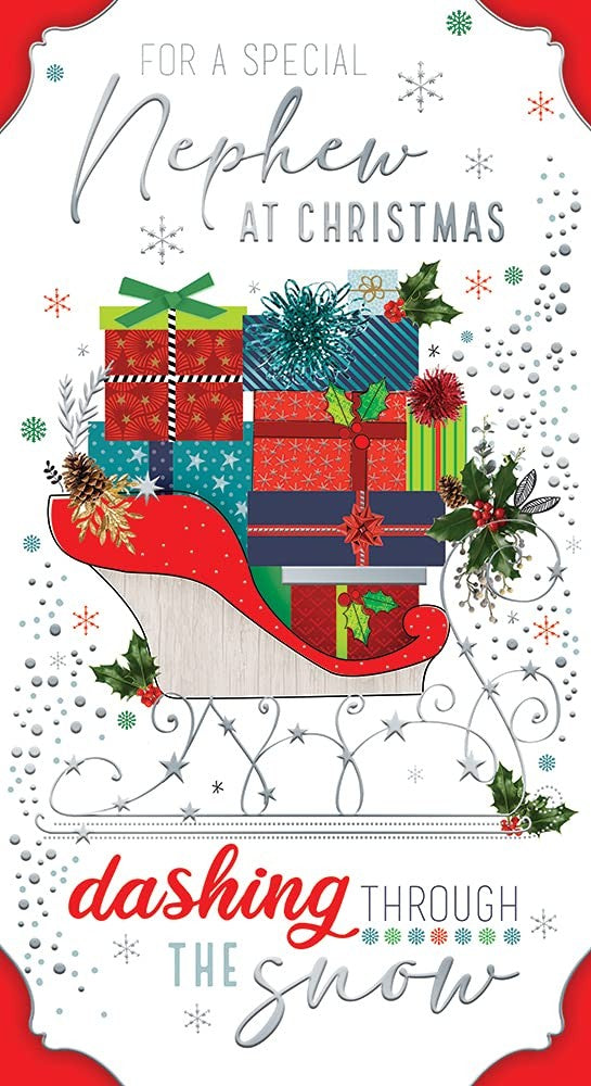 Nephew Christmas Card At Christmas Sleigh Presents Bright Design