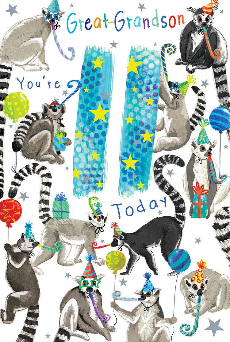 Great Grandson 11th Birthday Card Age 11 Lemurs 9" x 6" Lovely Verse