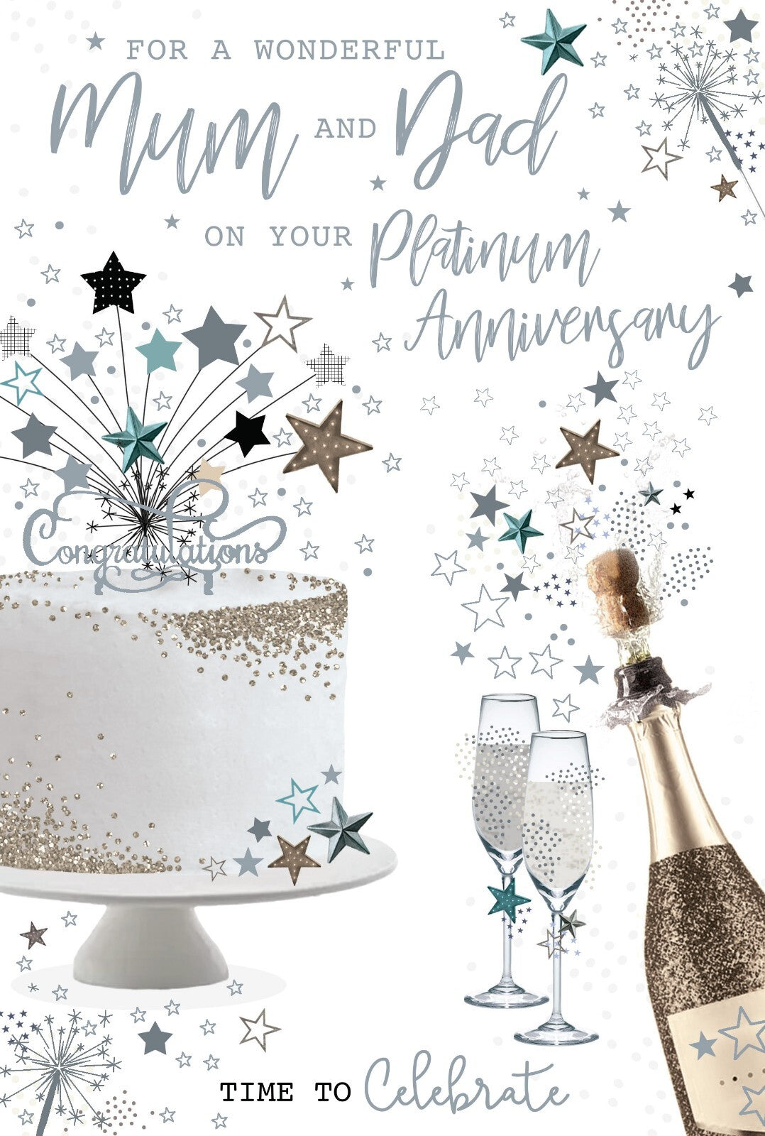Mum & Dad 70th Platinum Anniversary Card - Cake & Champagne - Time to Celebrate