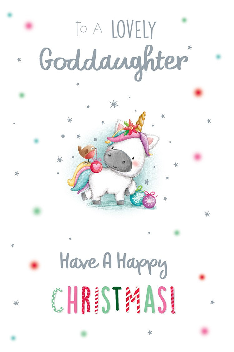 Goddaughter Christmas Card Modern Cute Unicorn Robin 7.5" x 5" Lovely