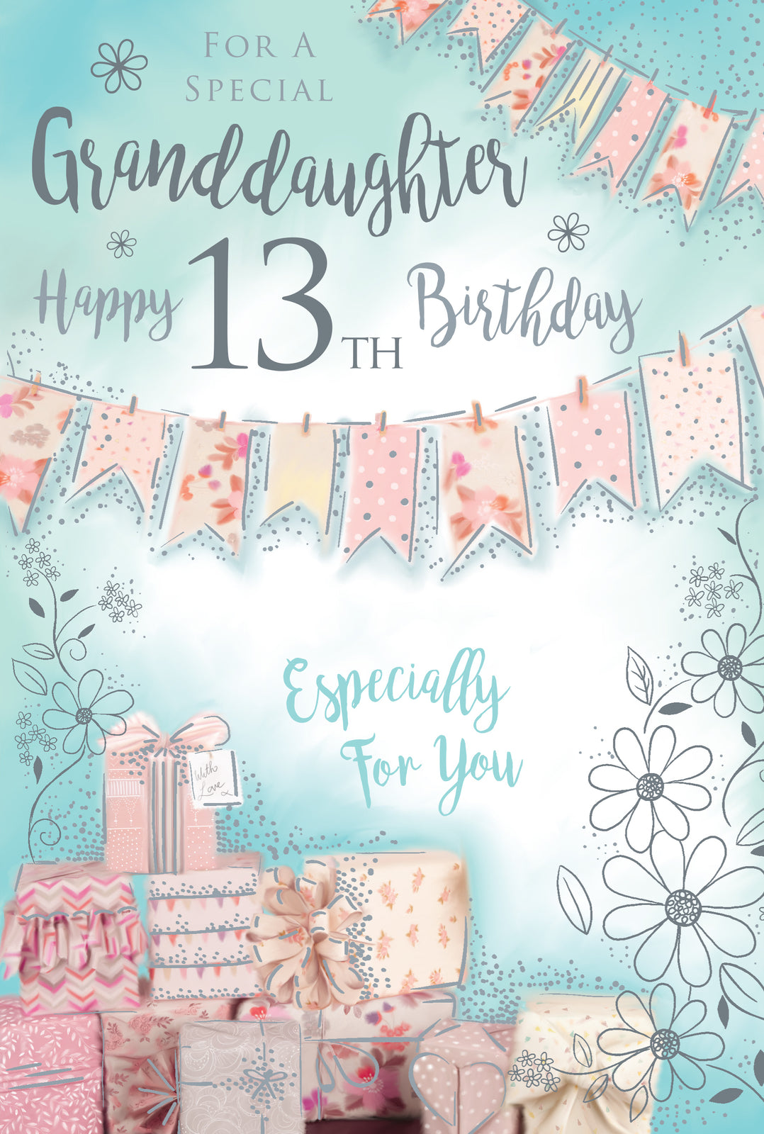 Granddaughter 13th Birthday Card - Pastel Bunting & Gifts Design, Girl