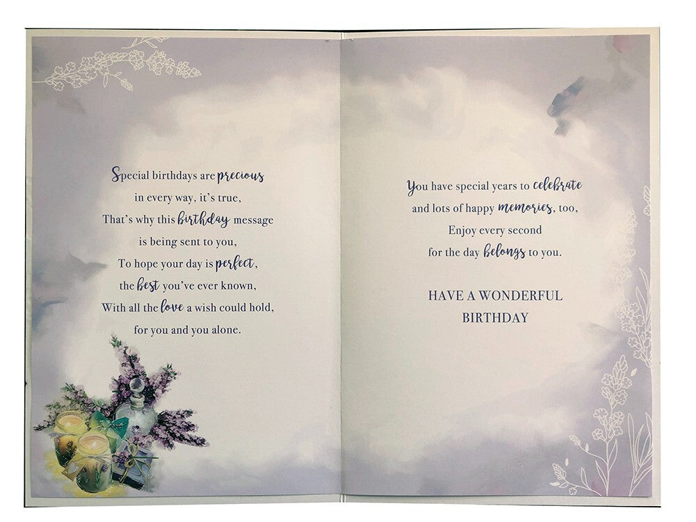 80th Birthday Card Sister - Perfume Candles Lavender Design ~ Approx 6"x9"