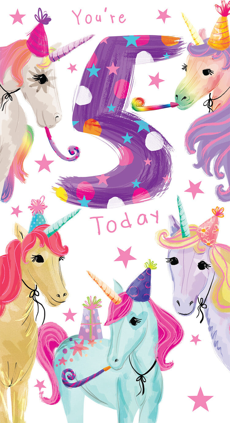 Age 5 Female 5th Birthday Card Unicorns 9" x 5" Lovely Verse