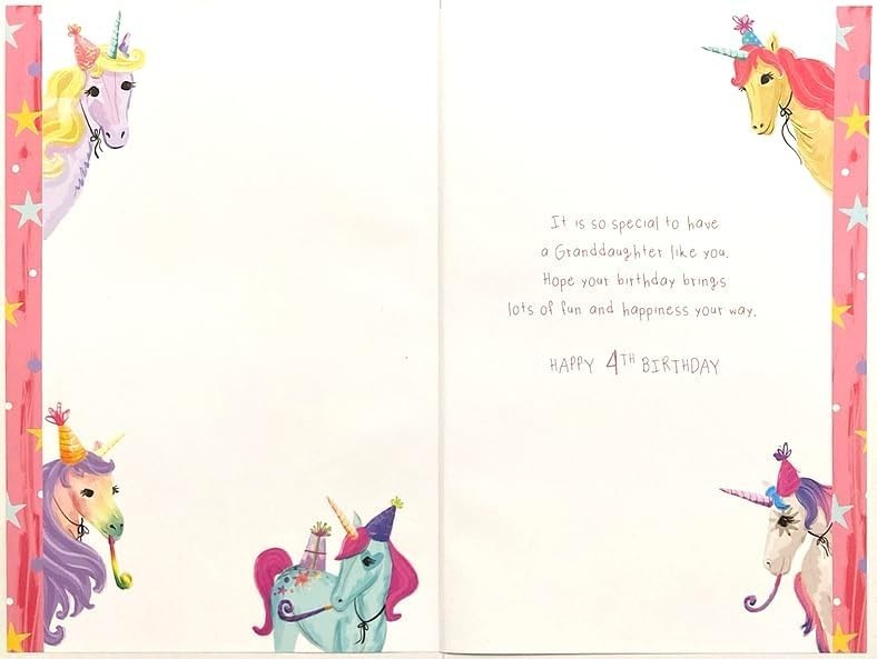 4th Birthday Card for Granddaughter  Unicorn Design  15x23cm  Colour Insert