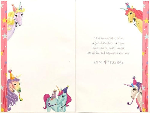 4th Birthday Card for Granddaughter  Unicorn Design  15x23cm  Colour Insert