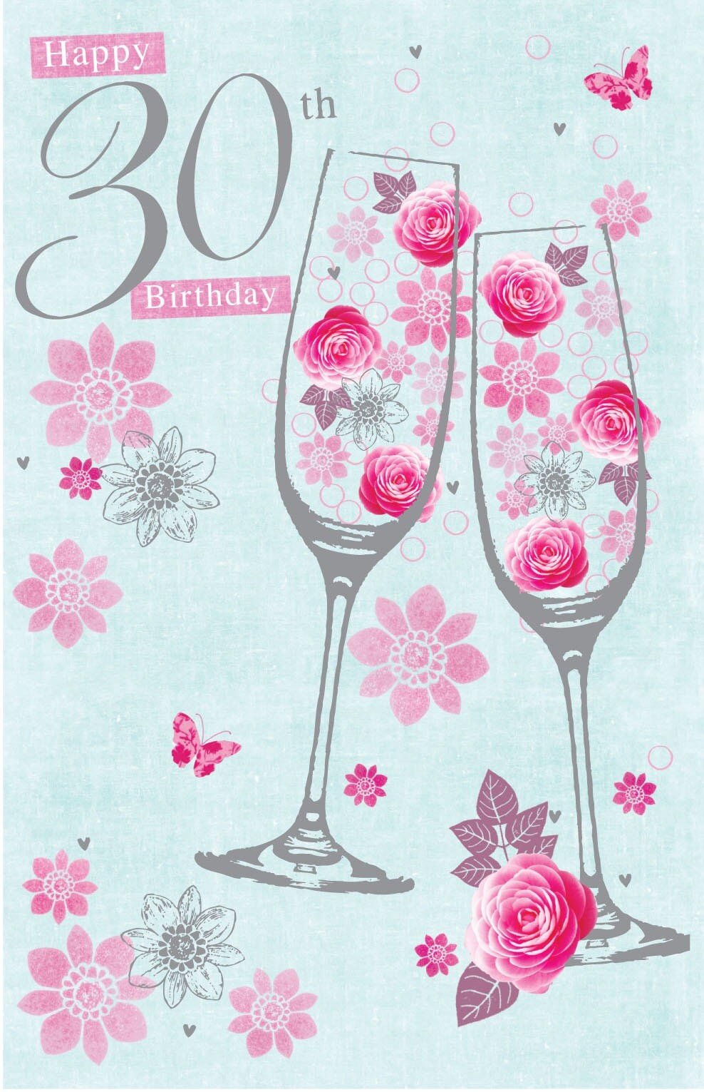 Happy 30th Birthday Card Roses & Glasses Design Bright Modern Happy Birthday