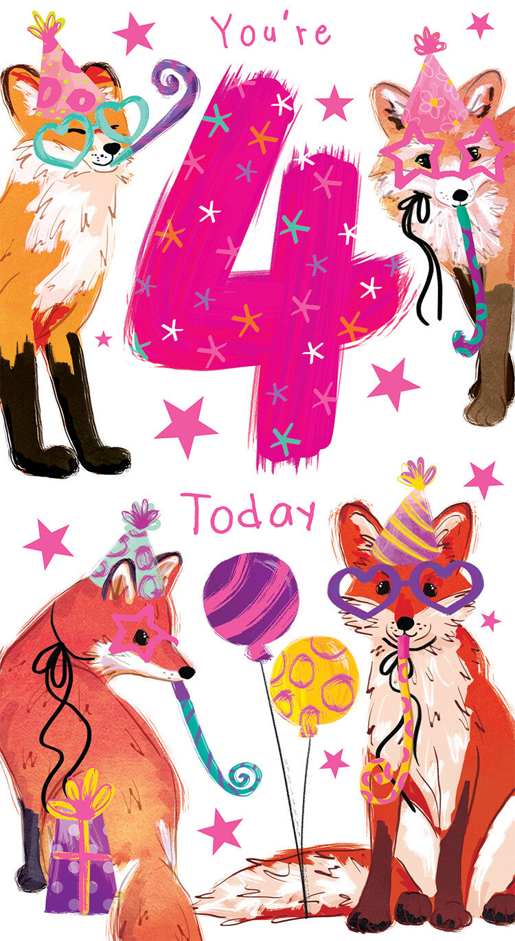 Age 4 Female 4th Birthday Card Foxes 9" x 5" Lovely Verse