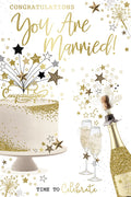 Wedding Card Congratulations You Are Married Gold Stars Cake Champagne Couples