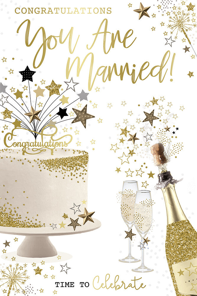 Wedding Card Congratulations You Are Married Gold Stars Cake Champagne Couples