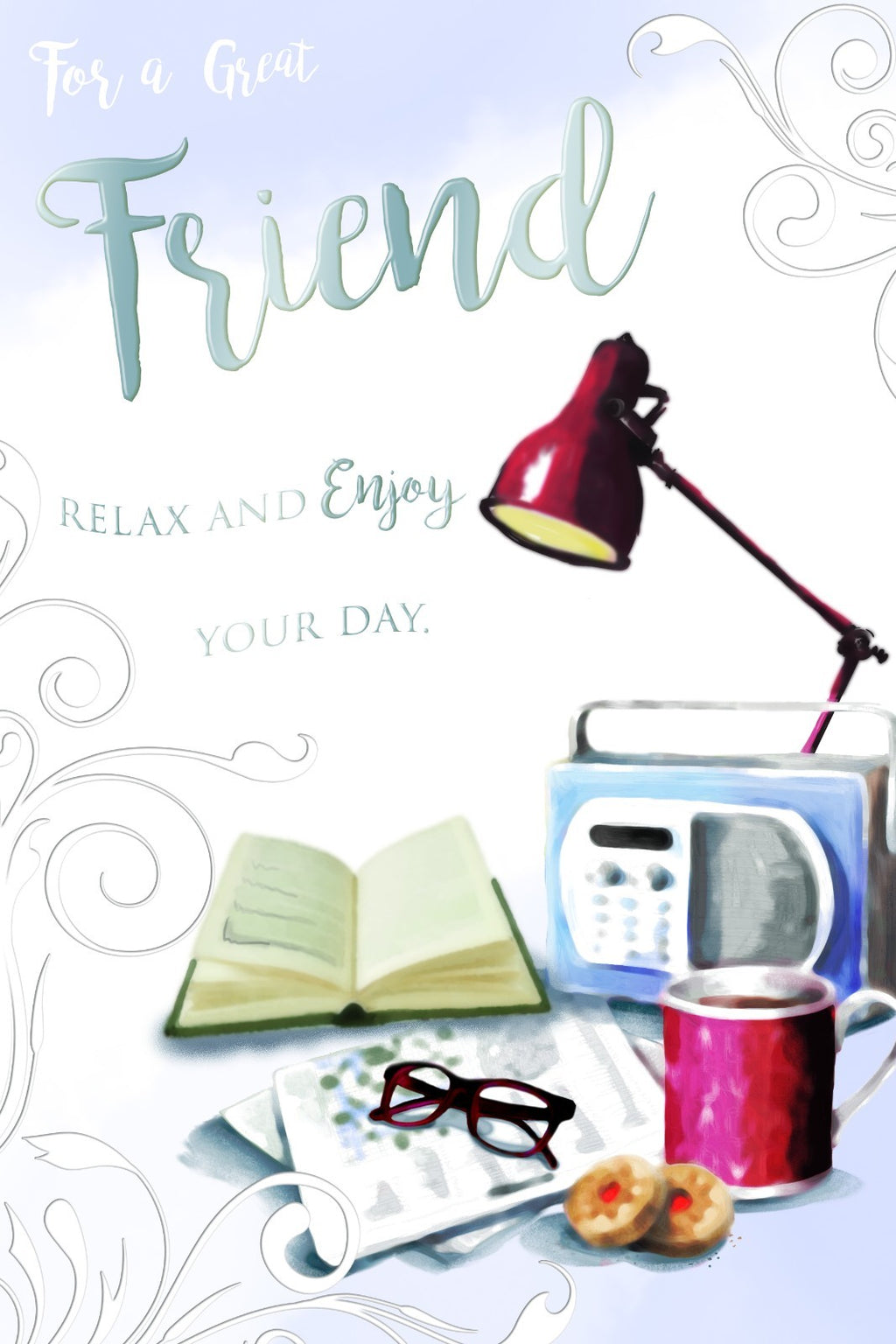Friend Happy Birthday Card Relax Radio Lamp Glasses Book Coffee & Biscuit Design