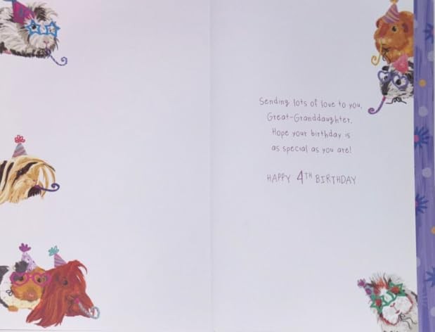 4th Birthday Card for Great-Granddaughter  Guinea Pig Design  15x23cm