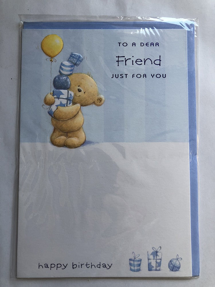 Friend Happy Birthday Card Cute Bear Holding Gifts & Yellow Balloon Just For You