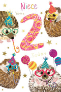 2nd Birthday Card for Niece  Hedgehog Party Design  15x23cm Insert