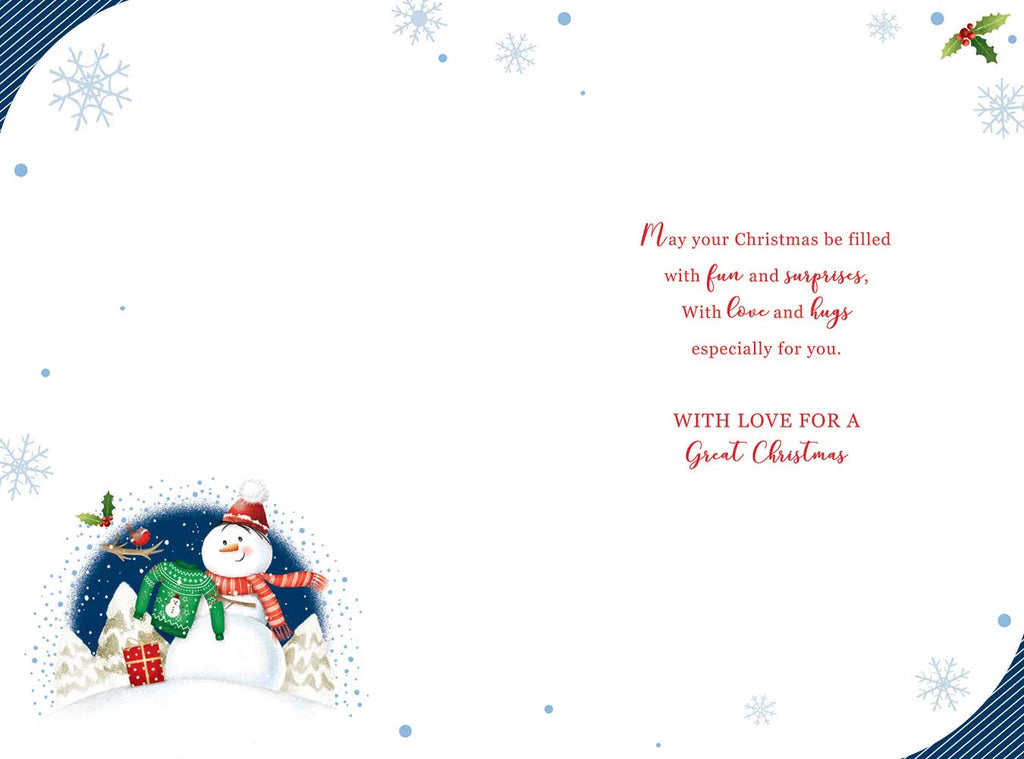 Special Grandson Christmas Card Snowman & Jumper Design Lovely Verse