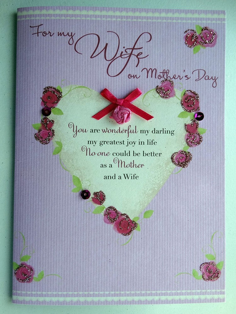 For My Wife Heart & Ribbon Quality Hand Finished Mother's Day Card