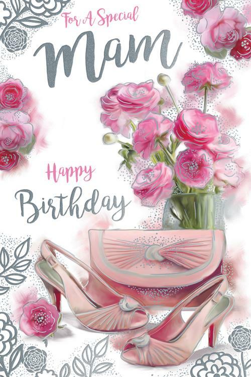 Birthday Card for Mam Pink Floral Fashion Design  with Verse 15x23cm