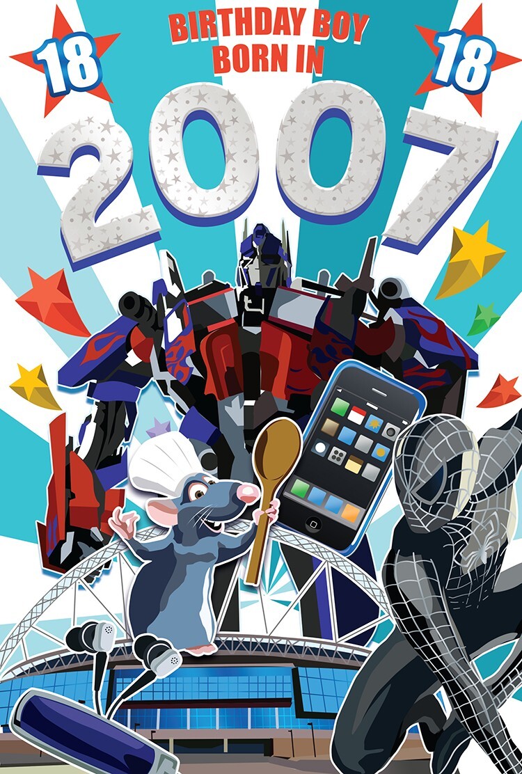 18th Birthday Card Boy Born 2007 Transformers iPhone Spiderman Ratatouille Theme