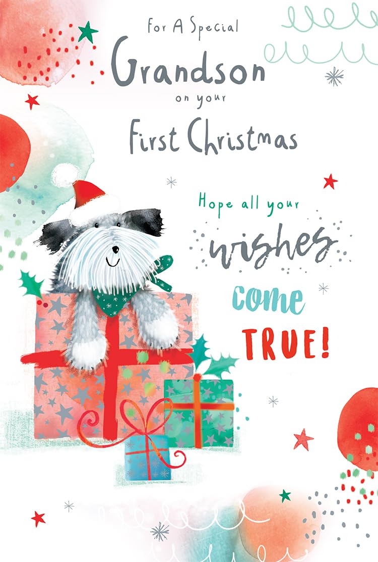 Grandson 1st First Christmas Card Cute Dog Gifts 9" x 6" Lovely Verse