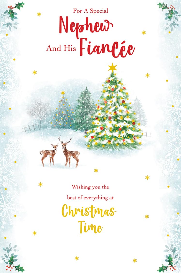 Christmas Card Nephew & Fiancee Large Festive Tree Deer Scene 15x23cm
