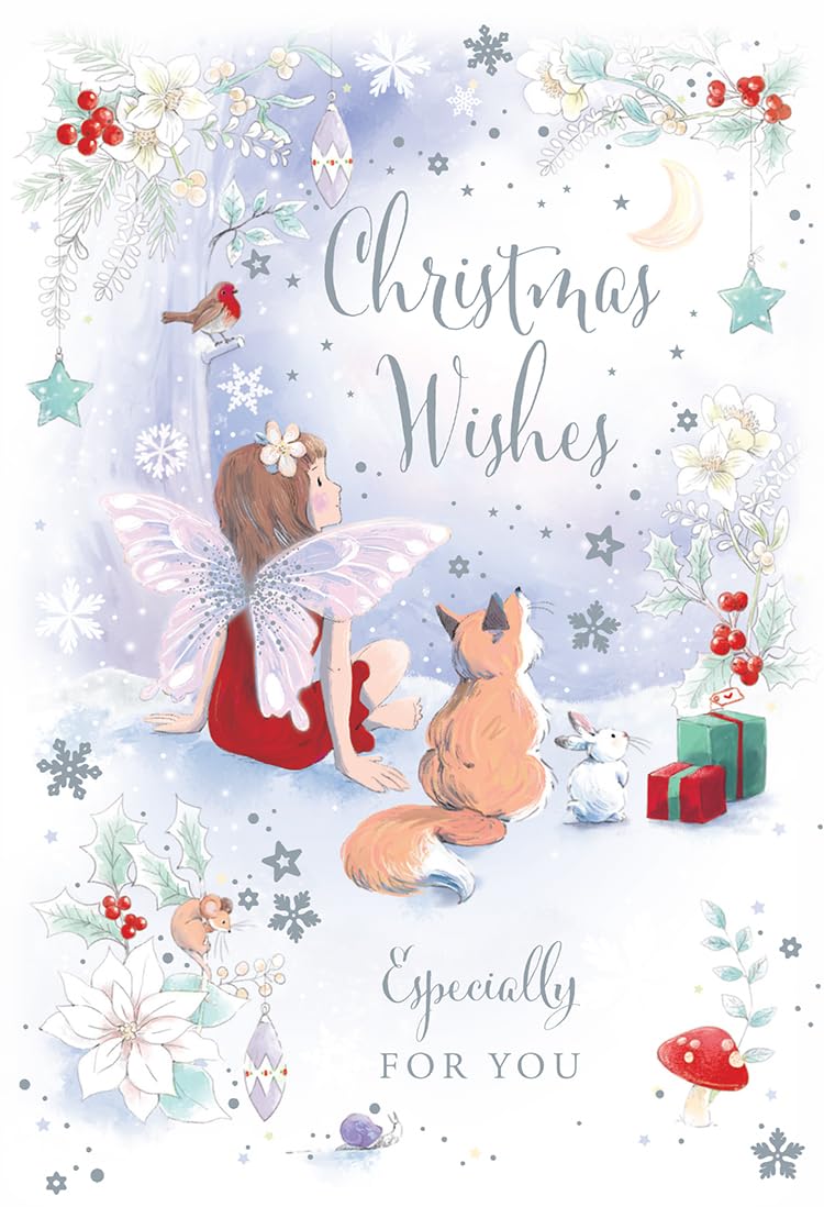Open Christmas Card Modern Fairy Fox Rabbit 7.5" x 5" Lovely Verse