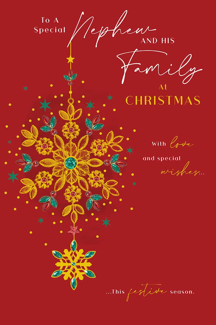 Christmas Card Special Nephew & Family Large Gold Snowflake 15x23cm
