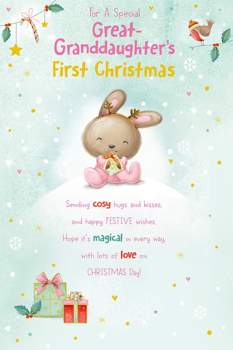 1st Christmas Card Great-Granddaughter 1st Christmas Cute Bunny 15x23cm