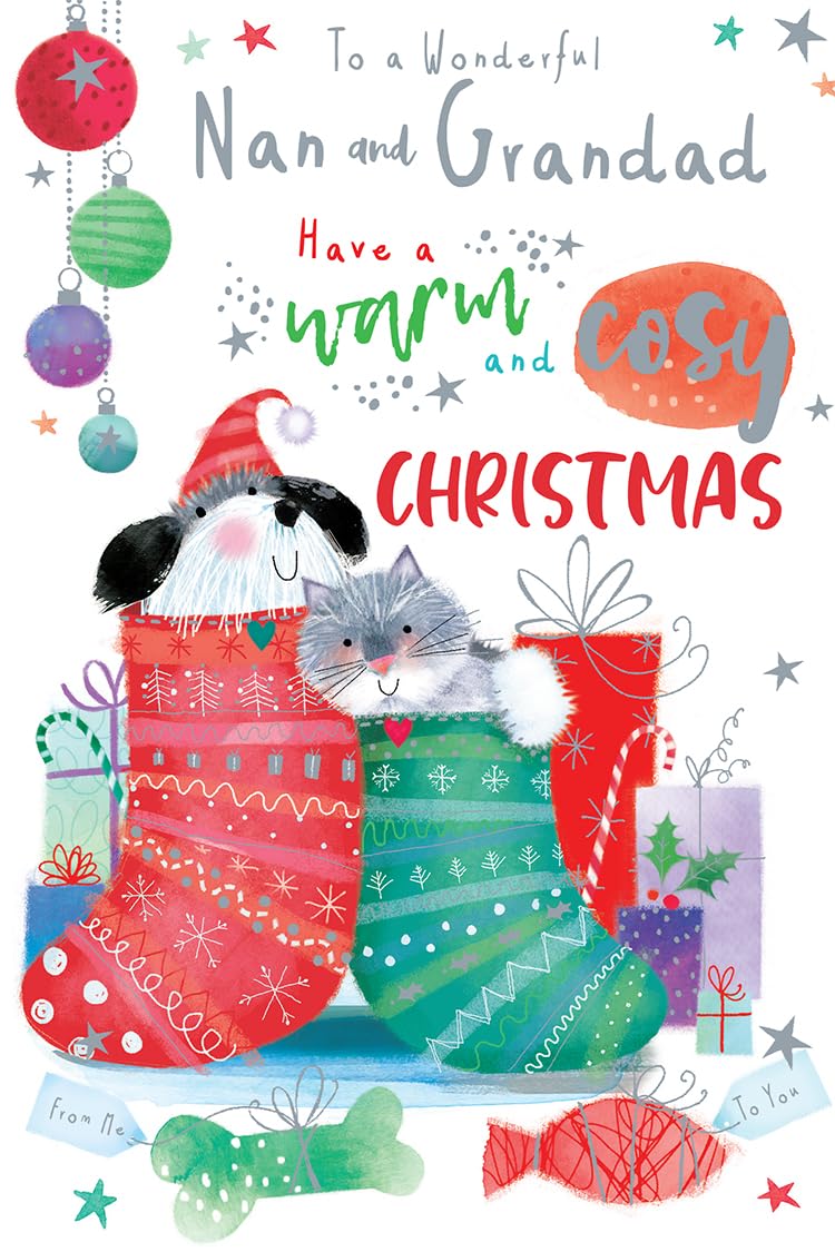 Nan & Grandad Christmas Card Cute Dog & Cat In Stockings 7.5" x 5" Lovely Verse