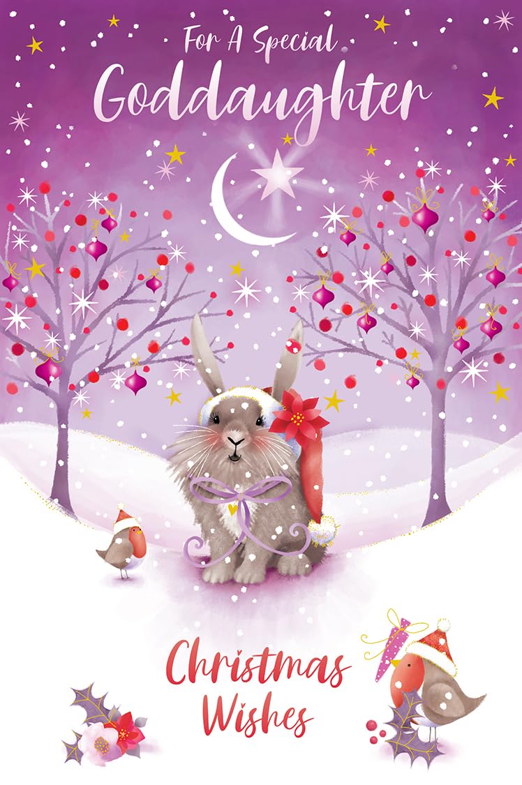 Christmas Card Special Goddaughter Large Cute Bunny Snow Scene 15x23cm