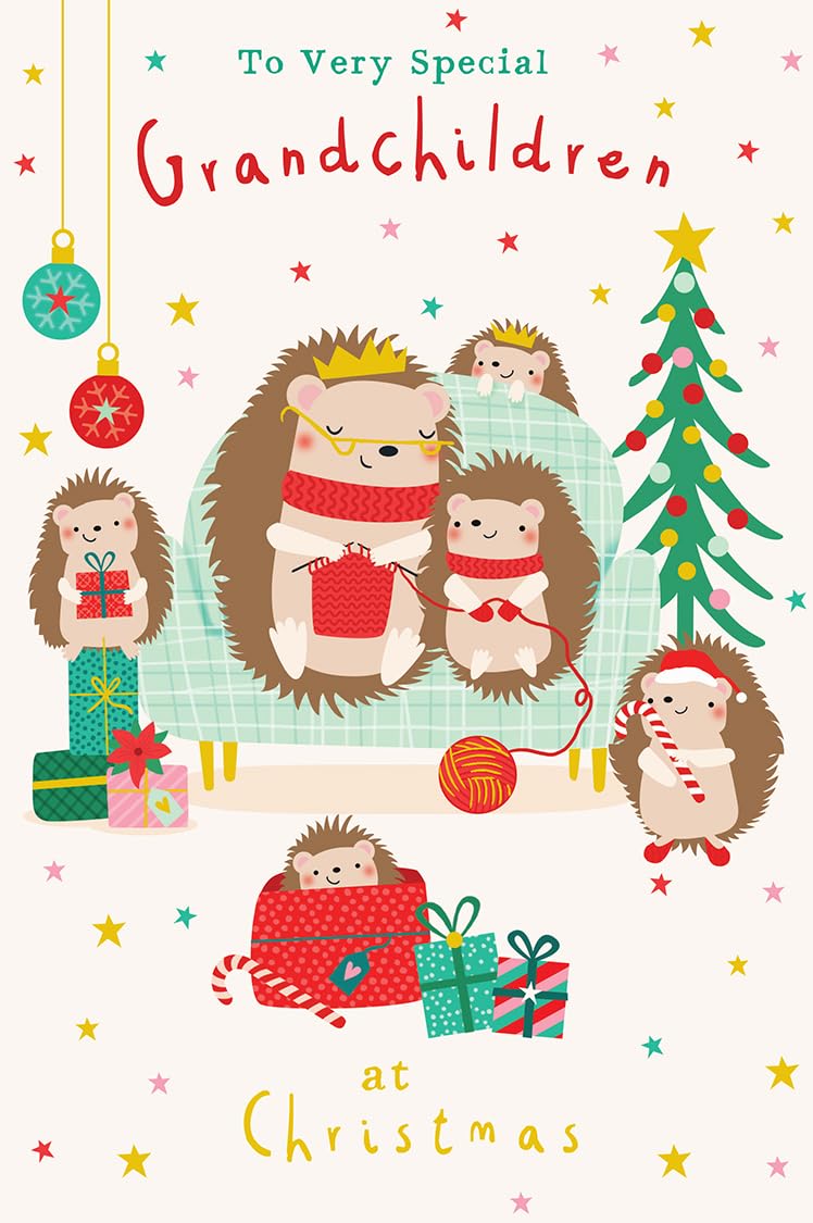 Christmas Card Special Grandchildren Large Cute Hedgehogs Tree 15x23cm