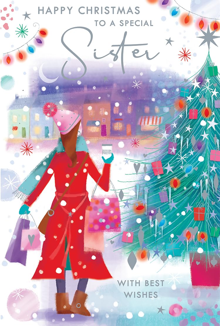Sister Christmas Card Modern Lady Gifts Tree 9" x 6" Lovely Verse