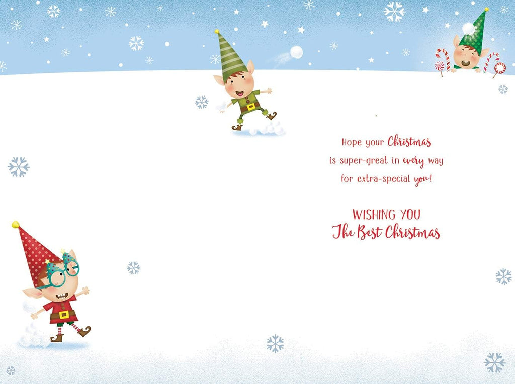 Nephew Christmas Card Elves Throwing Snowballing Design Lovely Verse