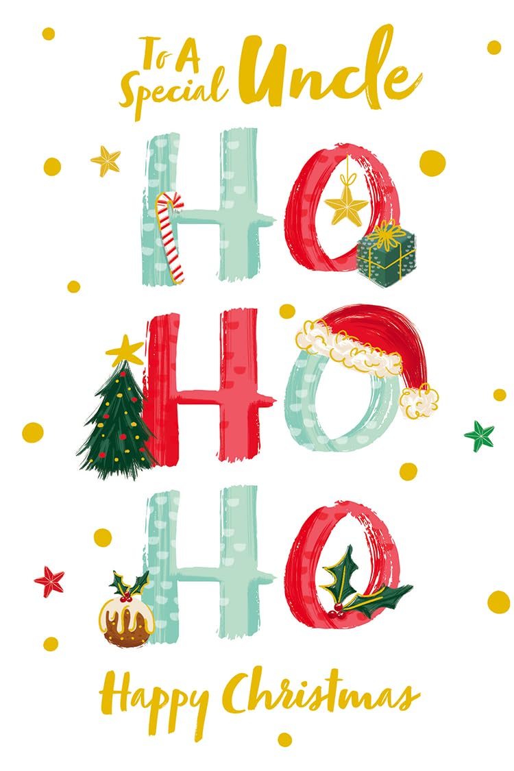 Uncle Christmas Card Modern Ho Ho Ho Gifts Tree Holly 7.5" x 5" Lovely Verse