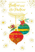 Brother & Partner Christmas Card Modern Baubles 9" x 6" Lovely Verse