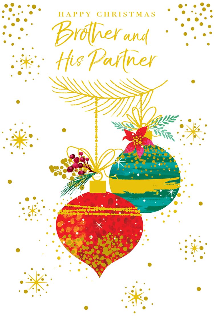 Brother & Partner Christmas Card Modern Baubles 9" x 6" Lovely Verse