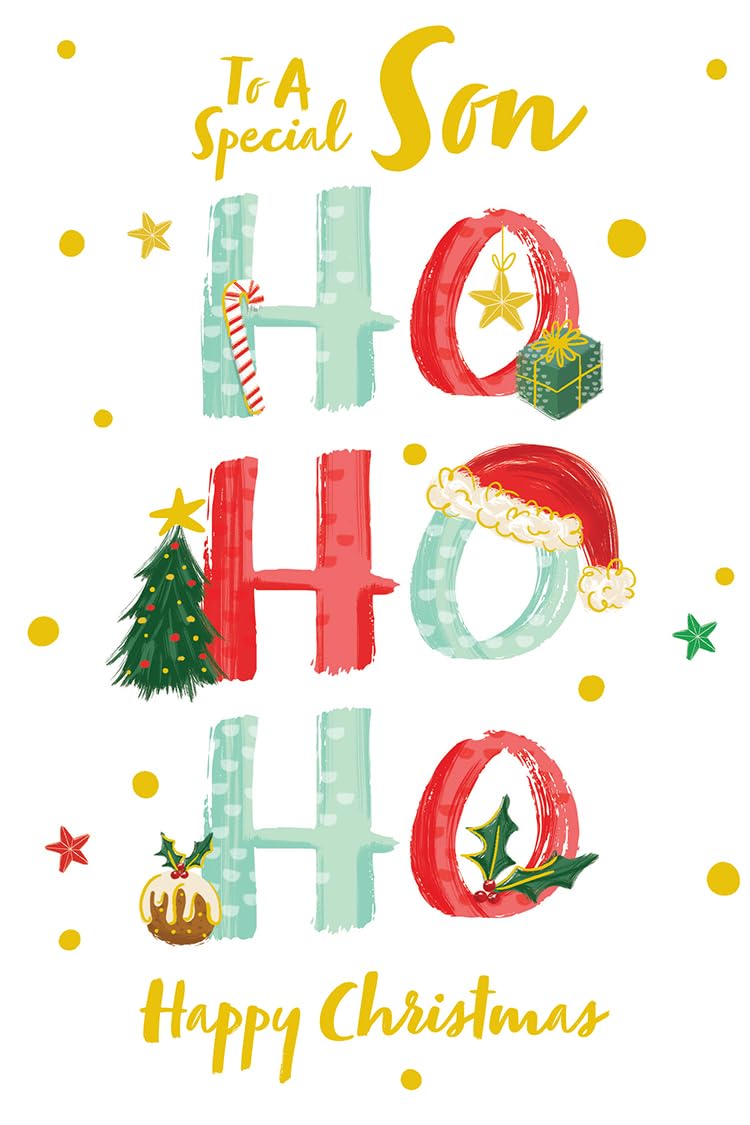 Son Christmas Card Modern Ho Ho Ho Gifts Tree Holly 7.5" x 5" Lovely Verse