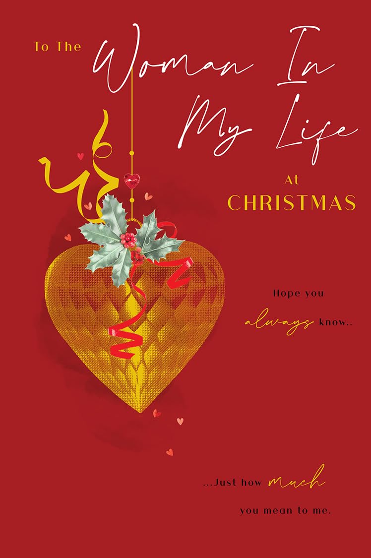 Christmas Card To Woman In My Life Large Gold Heart Holly Jewel 15x23cm