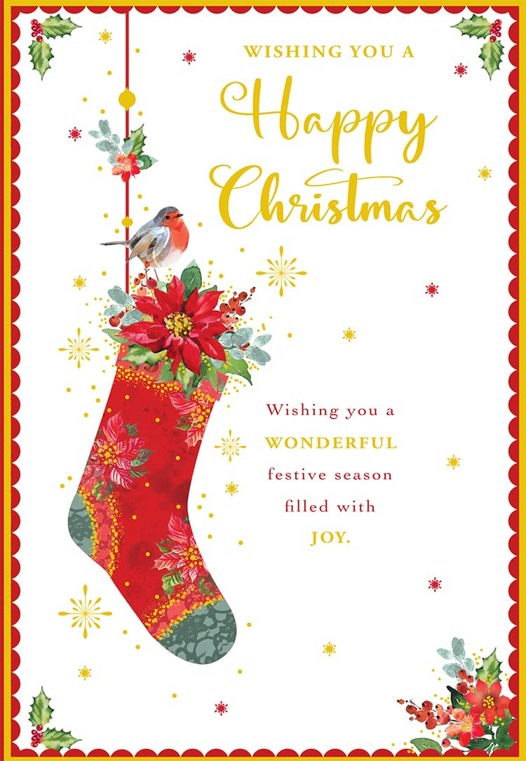 Open Happy Christmas Card Stocking Robin Poinsettia 7.5" x 5" Lovely Verse