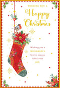 Open Happy Christmas Card Stocking Robin Poinsettia 7.5" x 5" Lovely Verse
