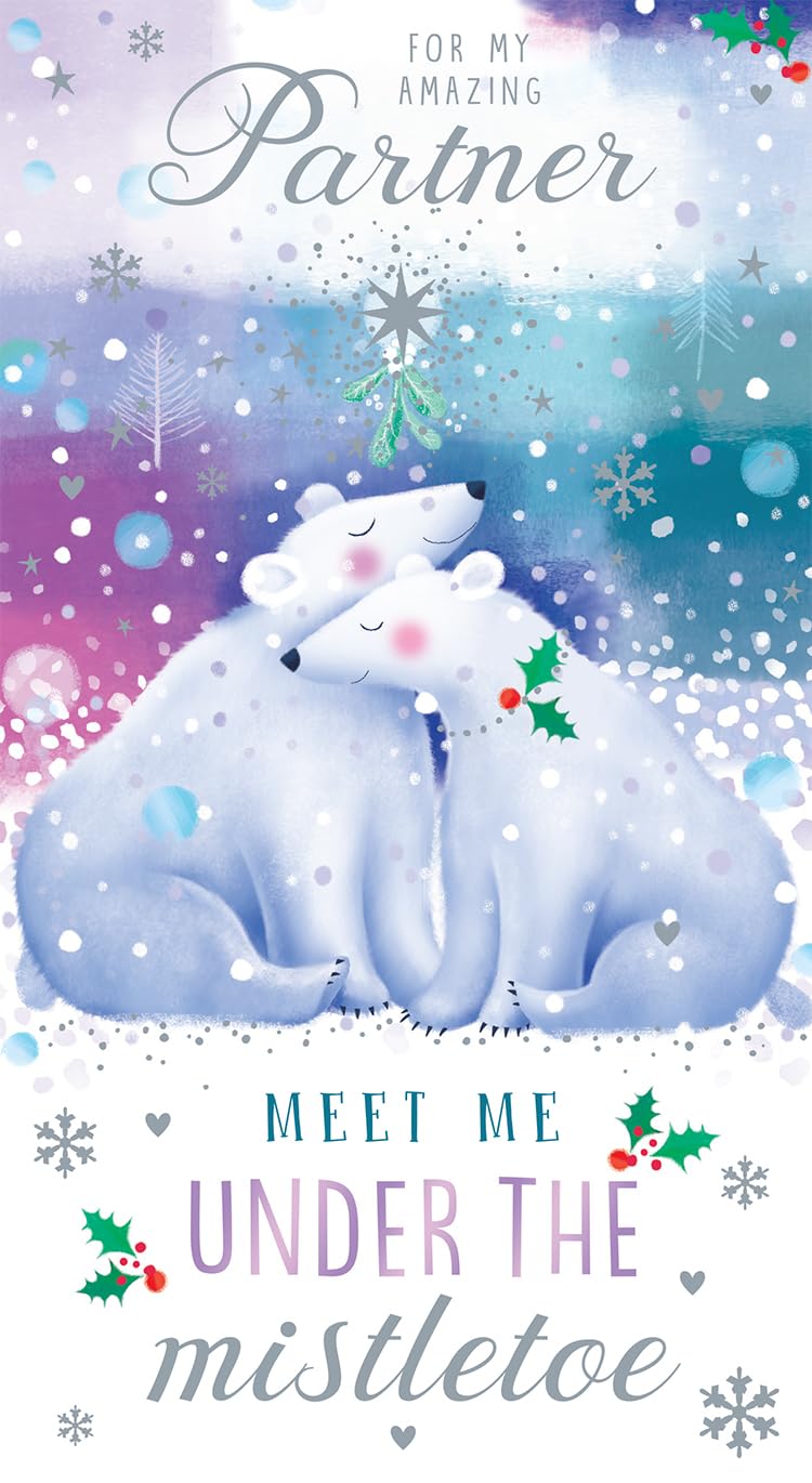 Amazing Partner Christmas Card Meet Me Under The Mistletoe Cute Bears 9" x 5"