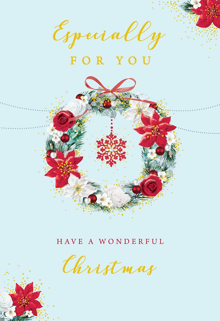 Open Christmas Card Traditional Poinsettia Wreath 7.5" x 5" Lovely Verse