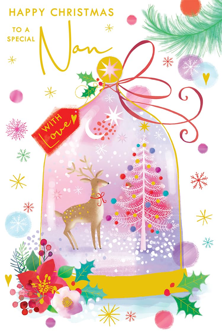 Nan Christmas Card Modern Reindeer Tree Snowglobe 9" x 6" Lovely Verse